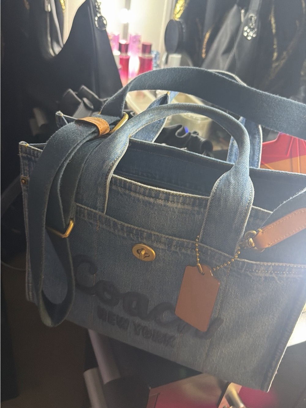 Coach Denim Tote in Blue with Tan Leather Tag